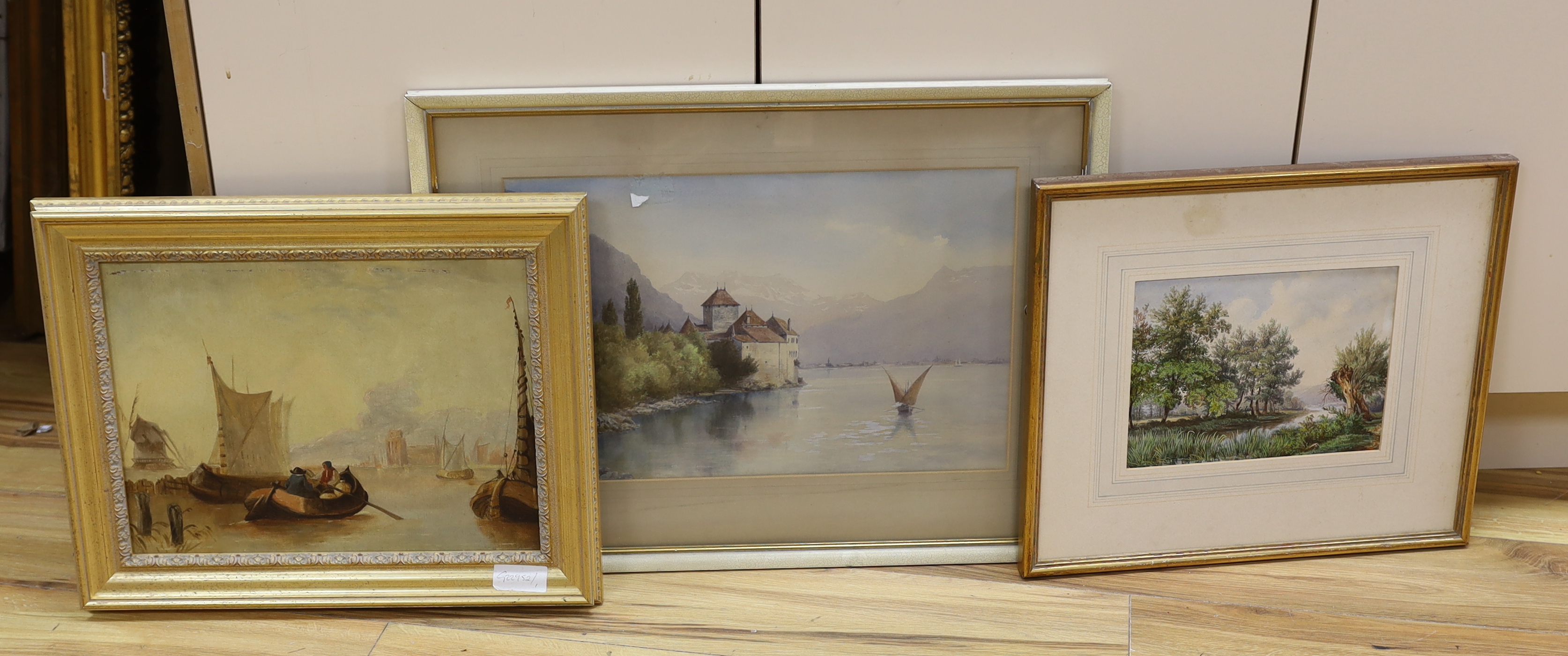 Fred C. Dixon (b. 1902-1992), watercolour, 'Chateau Chillon', signed, together with another mid 19th century watercolour landscape and a Dutch oil on canvas, barges, largest 29 x 47cm